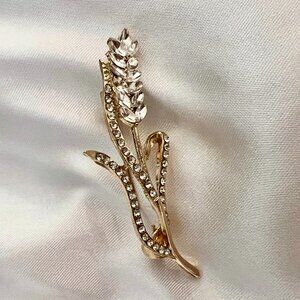 🧷Small Vintage Wheat Brooch - CZ and Rhinestone on Gold-Tone Metal